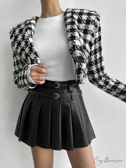 Faux Leather Belt Trendy Pleated Short Skirt