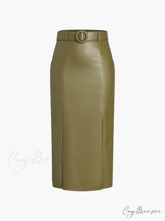 Faux Leather Belted Trendy Split Midi Skirt ArmyGreen / XS