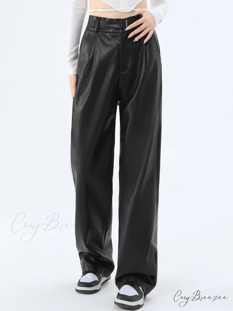 Faux Leather Graceful Straight Leg Pants