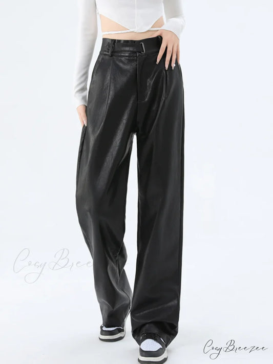 Faux Leather Graceful Straight Leg Pants Black / XS
