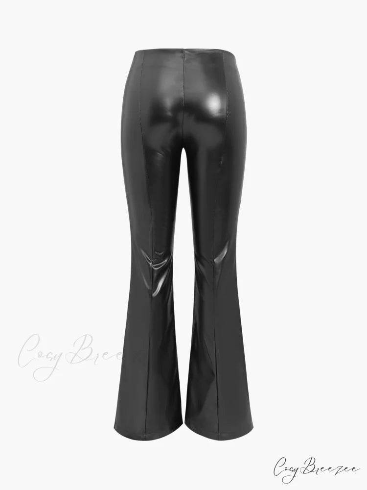 Faux Leather Graceful Zippered Flare Pants