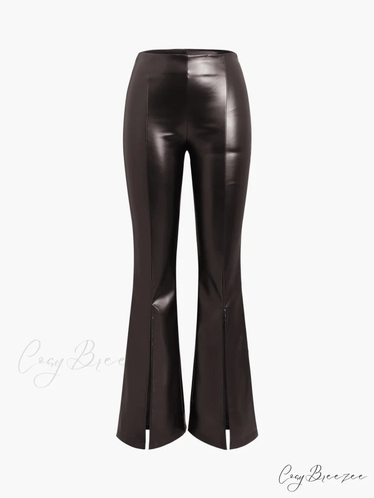 Faux Leather Graceful Zippered Flare Pants Dark Brown / XS