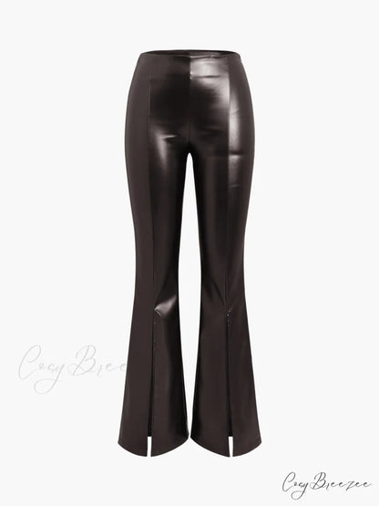 Faux Leather Graceful Zippered Flare Pants Dark Brown / XS