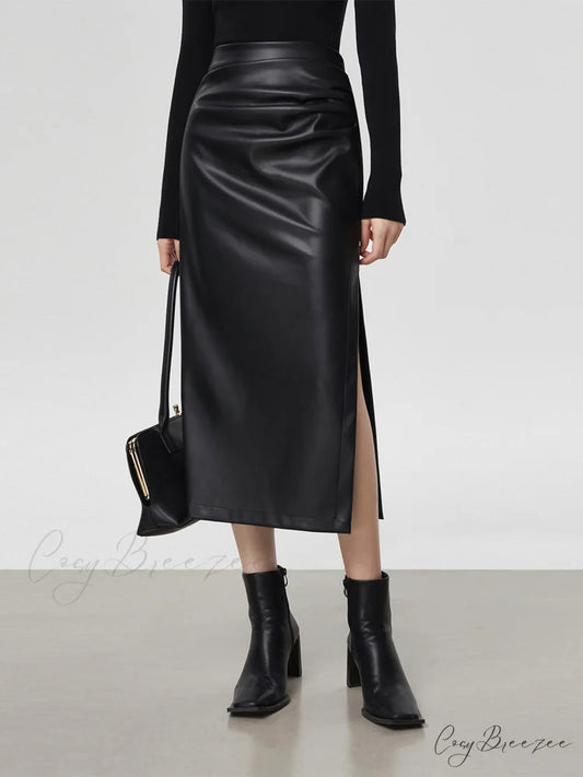 Faux Leather Ruched Trendy Slit Midi Skirt Black / XS