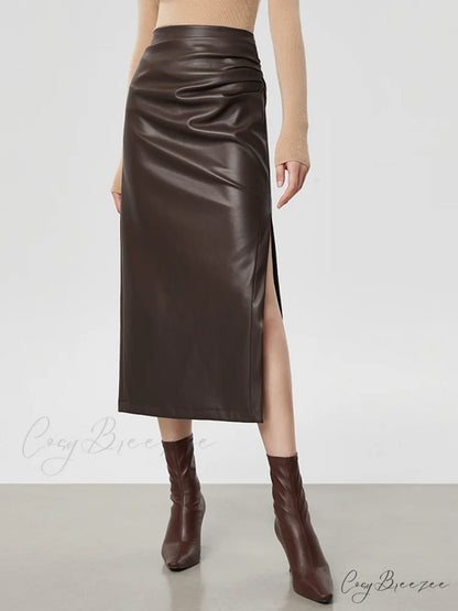 Faux Leather Ruched Trendy Slit Midi Skirt Dark Brown / XS