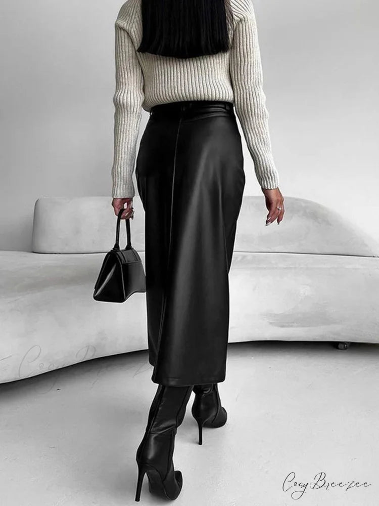 Faux Leeather Graceful Slit Midi Skirt