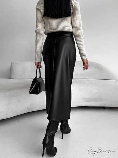 Faux Leeather Graceful Slit Midi Skirt