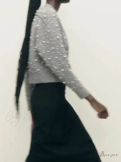 Faux Pearl Zip Knit Cardigan