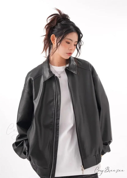 Faux PU Leather Vintage Long Sleeve Lapel Zipper Autumn Fashion Jacket