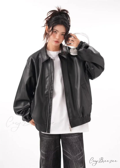 Faux PU Leather Vintage Long Sleeve Lapel Zipper Autumn Fashion Jacket Black / M