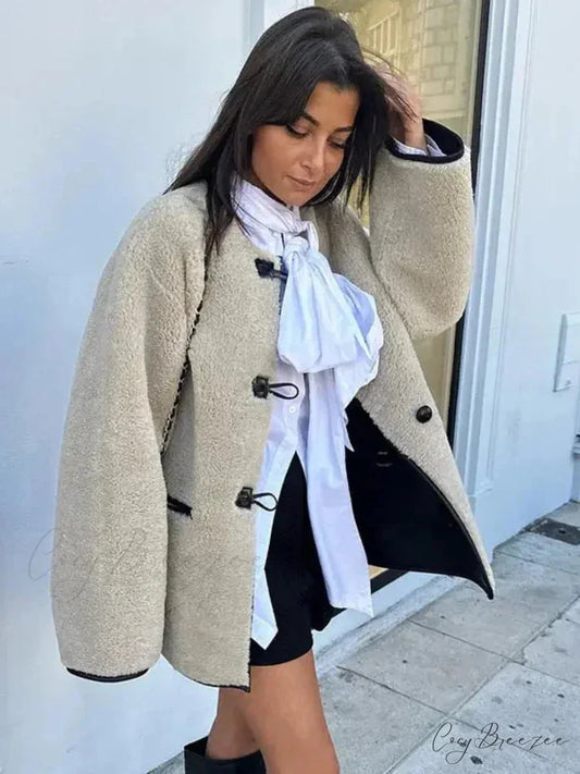 Faux Wool Loose Vintage O-Neck Coat Khaki jacket / XS overcoats-241228