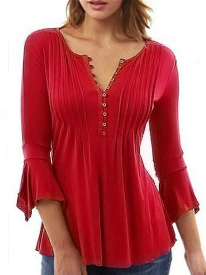 V-neck Flared Plain Folded in Blouse Arm Women's Color