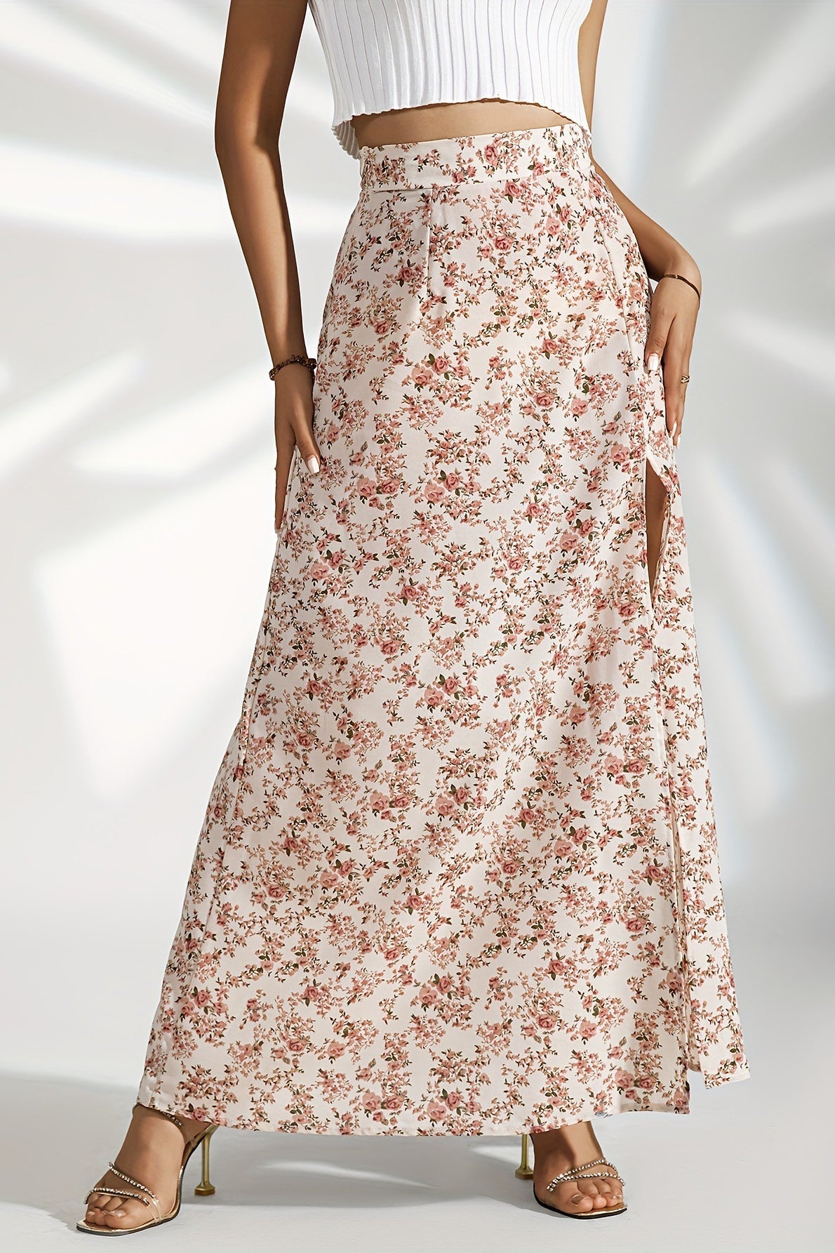 High Waist Split Floral Slim Midi Skirt