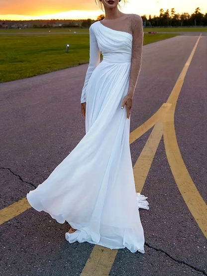 White One Shoulder Chiffon Maxi Dress with Long Sleeve and Slit