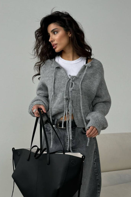 Solid Color Bow Tie Long Sleeve Knit Cardigan