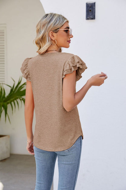 Top Smocked Flutter V-Neck with Arm Detail