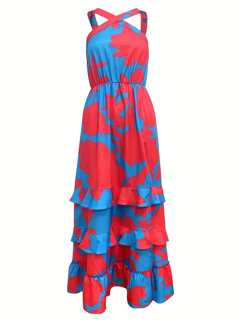 Ruffles Halter Summer Beach Print Maxi Dress