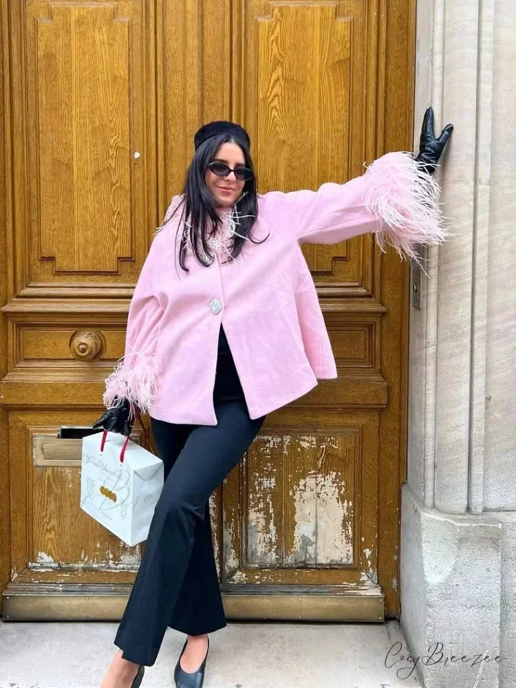 Feather Fluffy Collar Button Warm Coat overcoats-241228