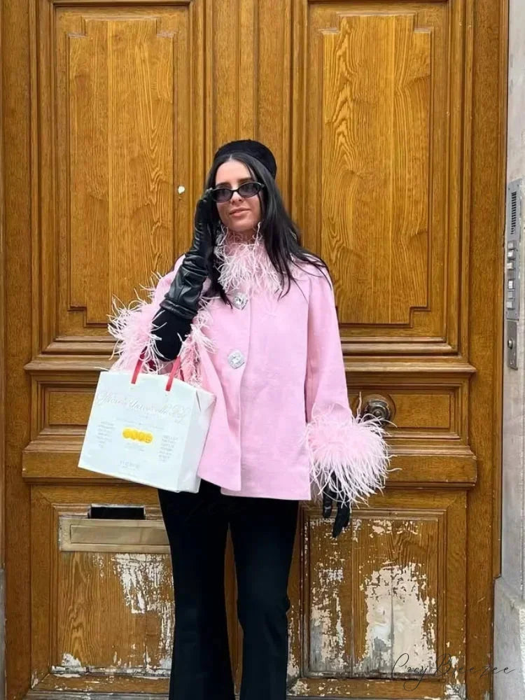Feather Fluffy Collar Button Warm Coat overcoats-241228