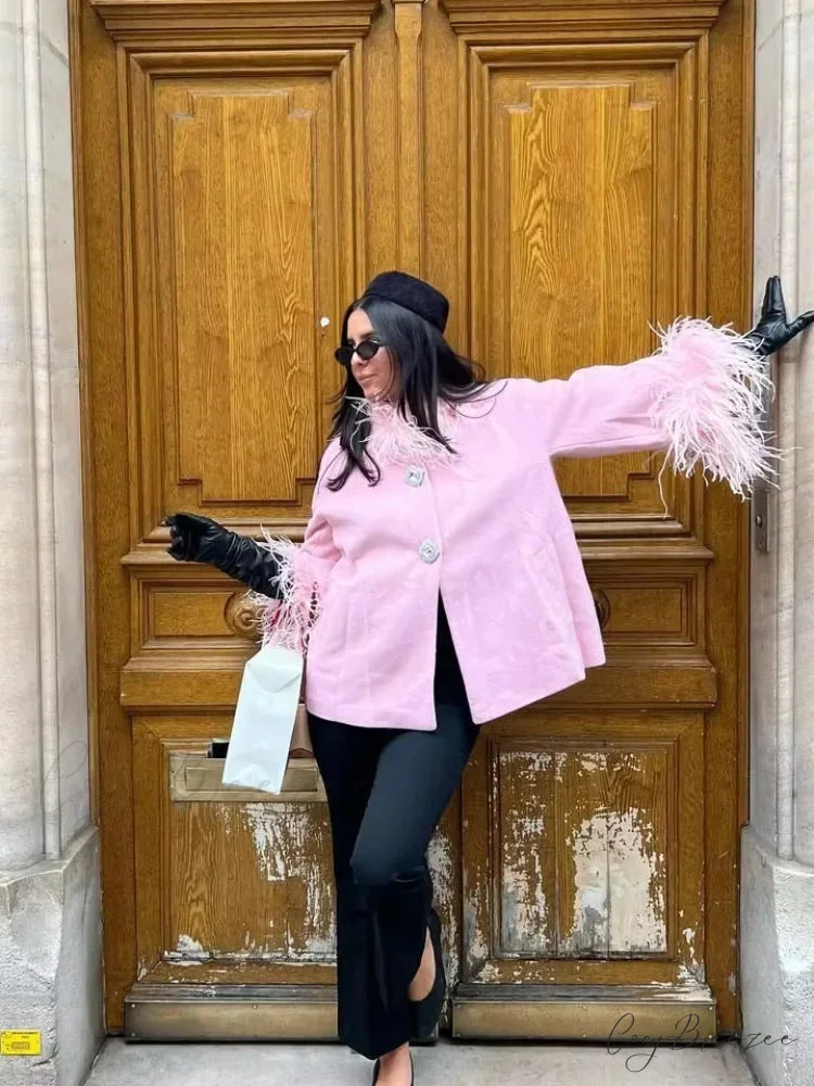 Feather Fluffy Collar Button Warm Coat Pink / S overcoats-241228