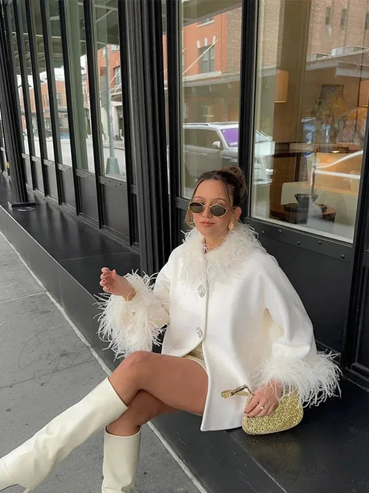 Feather Fluffy Collar Button Warm Coat White / S overcoats-241228