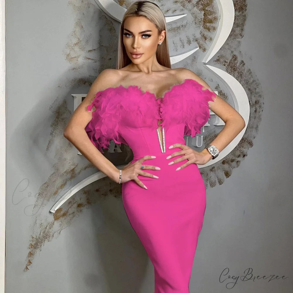 Feather Off-Shoulder Midi Party Dress Rose red / XS