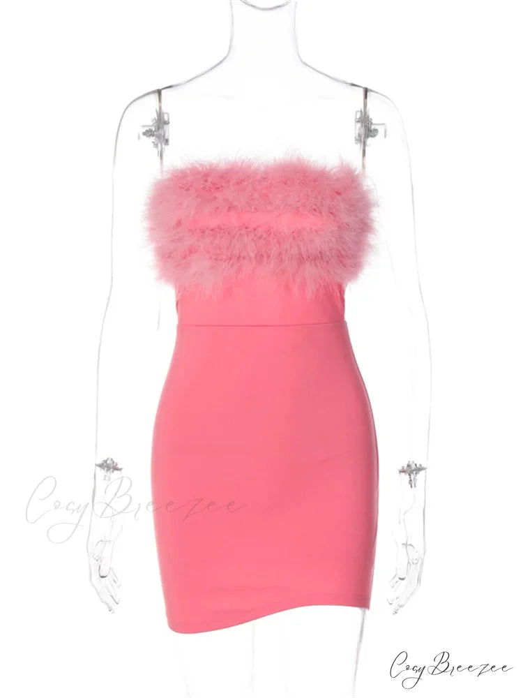 Feather Patchwork Tube Summer Party Clubwear Sexy Mini Dress
