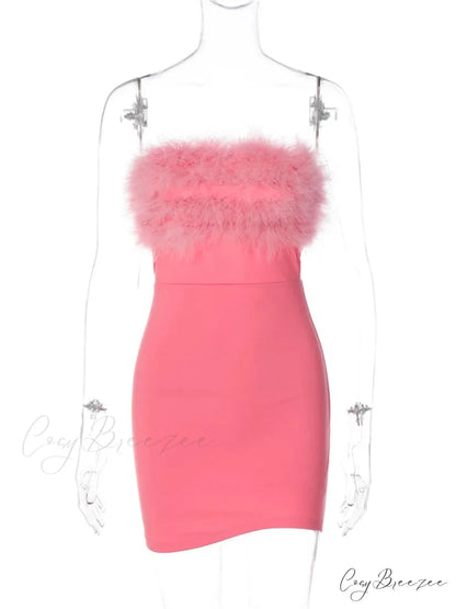 Feather Patchwork Tube Summer Party Clubwear Sexy Mini Dress