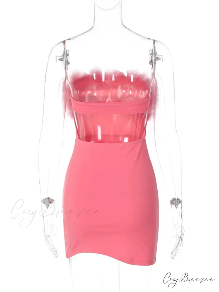 Feather Patchwork Tube Summer Party Clubwear Sexy Mini Dress