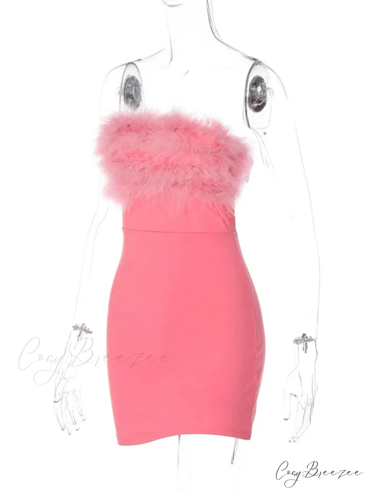 Feather Patchwork Tube Summer Party Clubwear Sexy Mini Dress