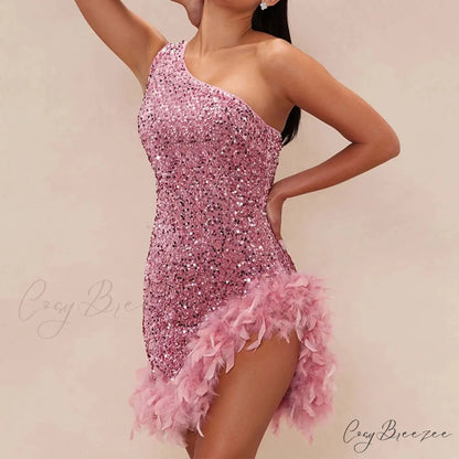 Feather Rhinestone Hollow Out Black Party Dress