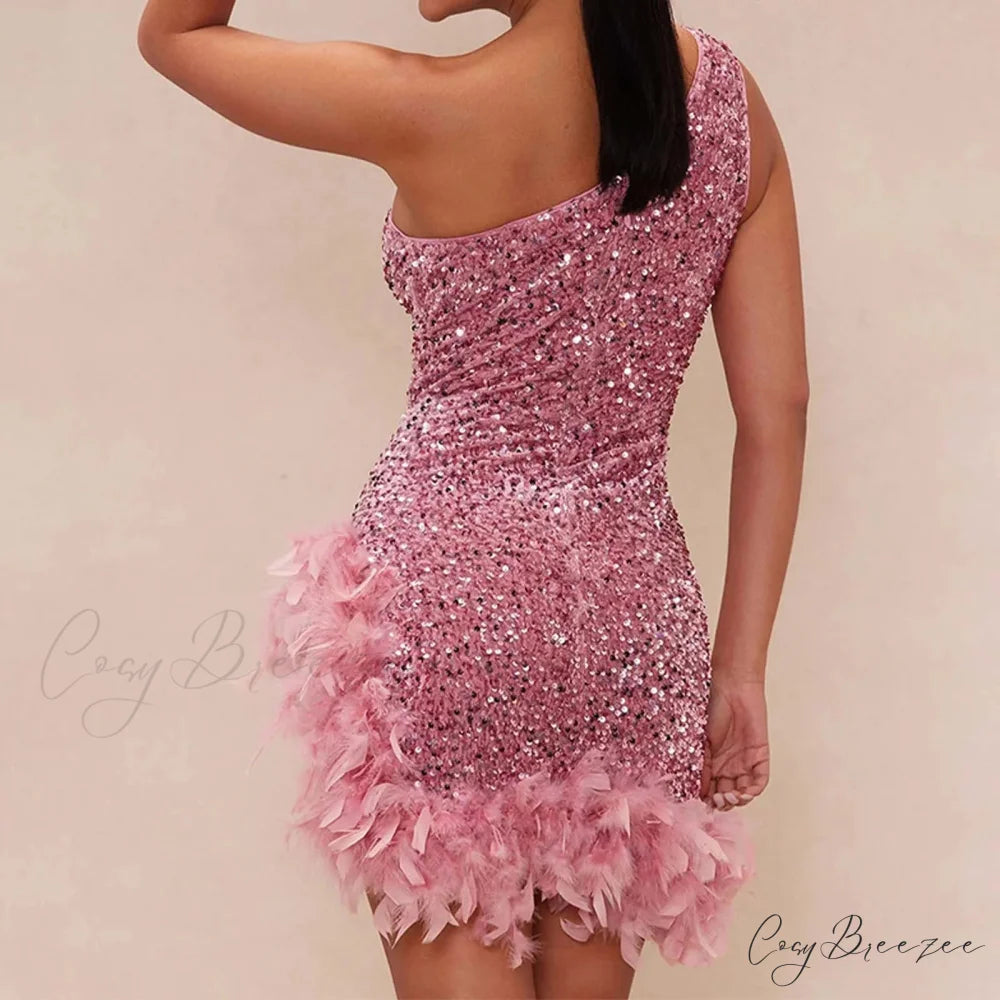 Feather Rhinestone Hollow Out Black Party Dress