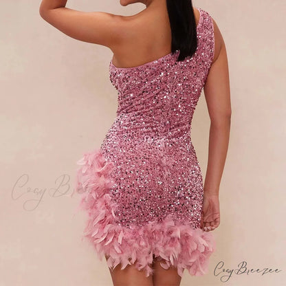 Feather Rhinestone Hollow Out Black Party Dress