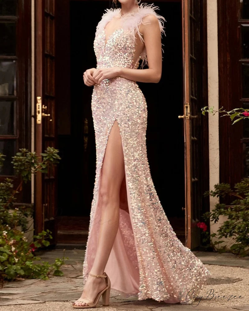 Feather Scarlet High Waist Formal Dress handout / S promdress-250223