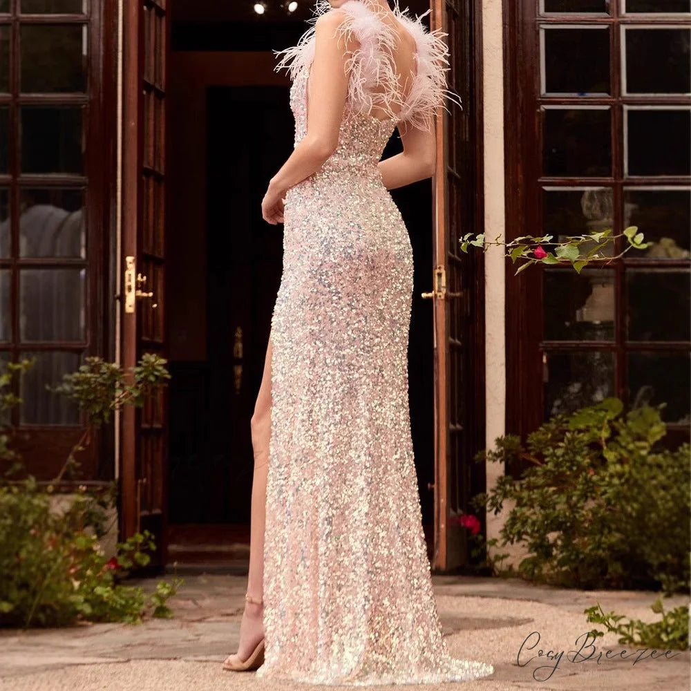 Feather Scarlet High Waist Formal Dress promdress-250223