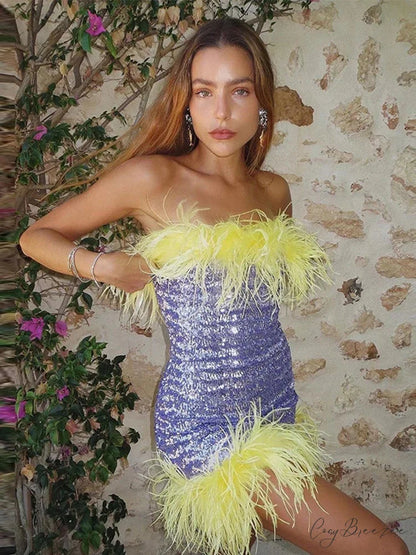 Feather Sequins Bodycon Mini Party Dress