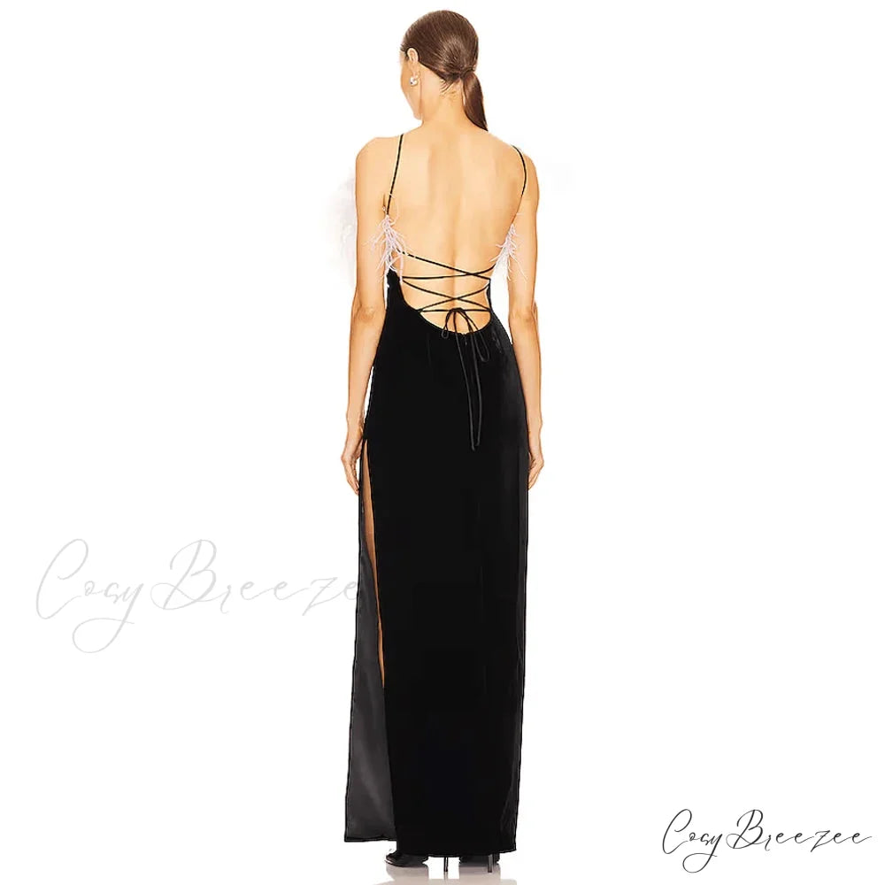 Feather Split Maxi Party Dress