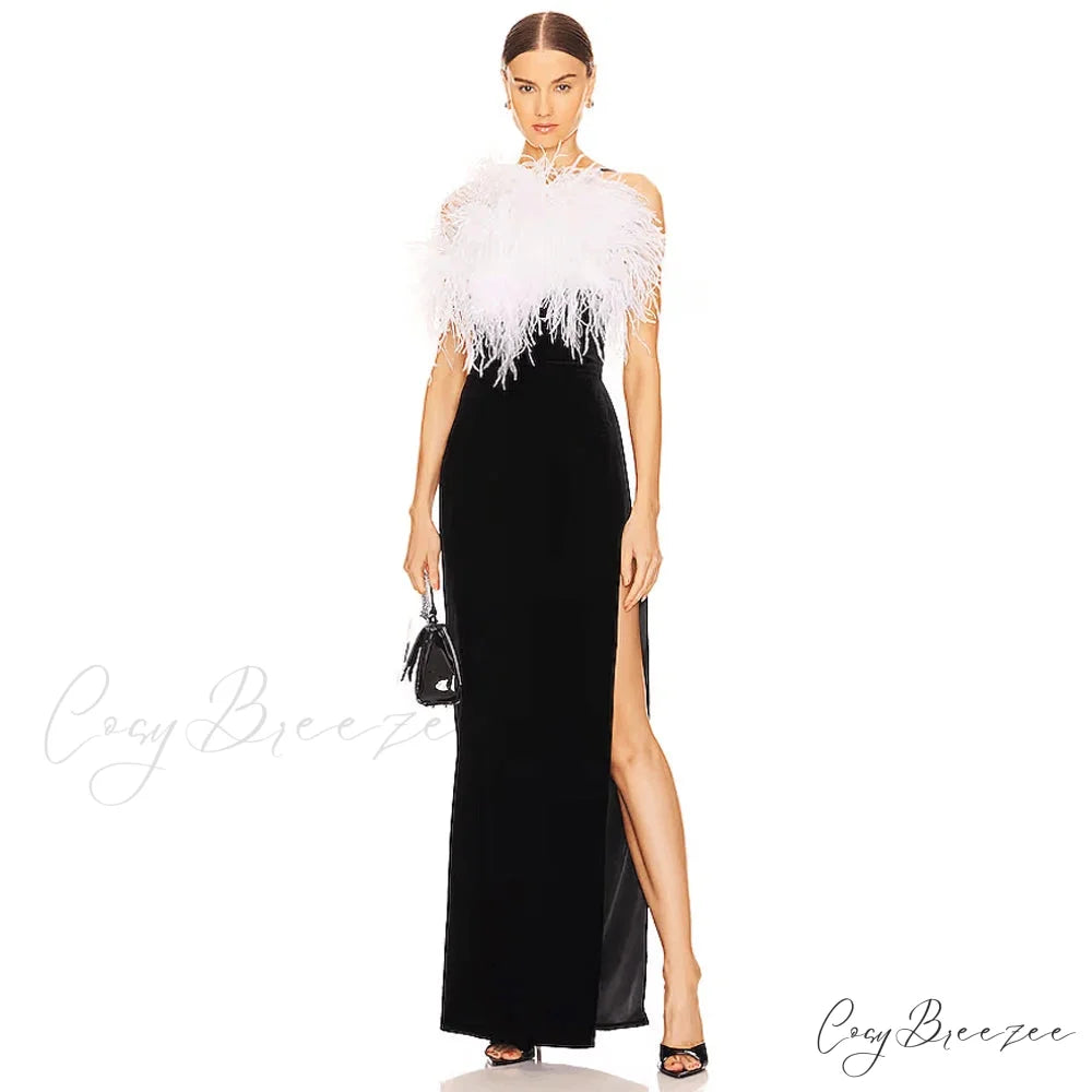 Feather Split Maxi Party Dress Black / XS