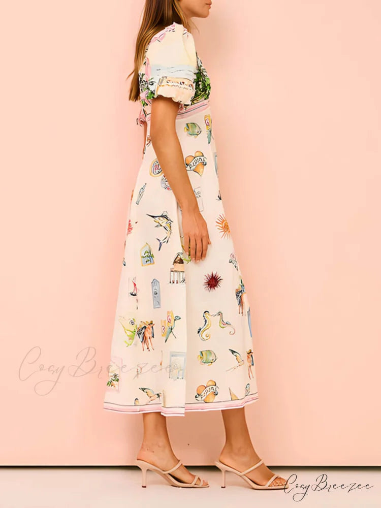 Feature Printed Ethnic Style Graceful Round Neck Midi Dress