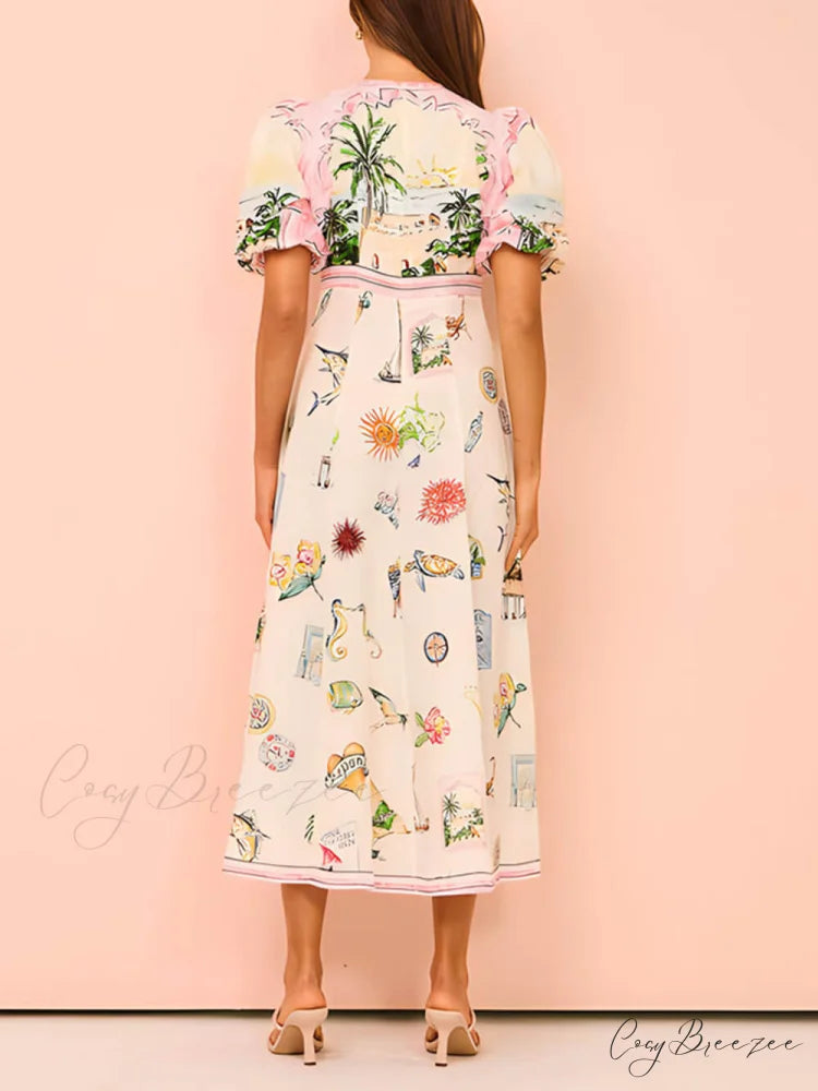 Feature Printed Ethnic Style Graceful Round Neck Midi Dress