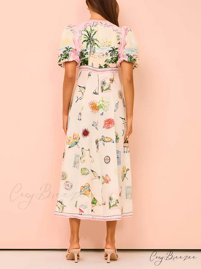 Feature Printed Ethnic Style Graceful Round Neck Midi Dress