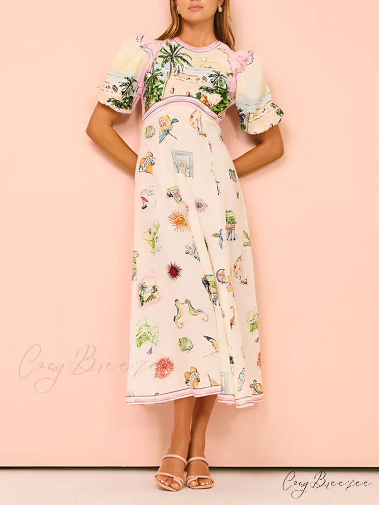 Feature Printed Ethnic Style Graceful Round Neck Midi Dress