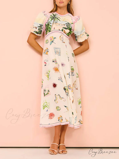Feature Printed Ethnic Style Graceful Round Neck Midi Dress