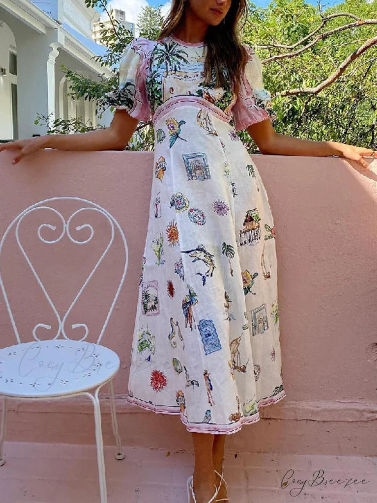 Feature Printed Ethnic Style Graceful Round Neck Midi Dress White / S