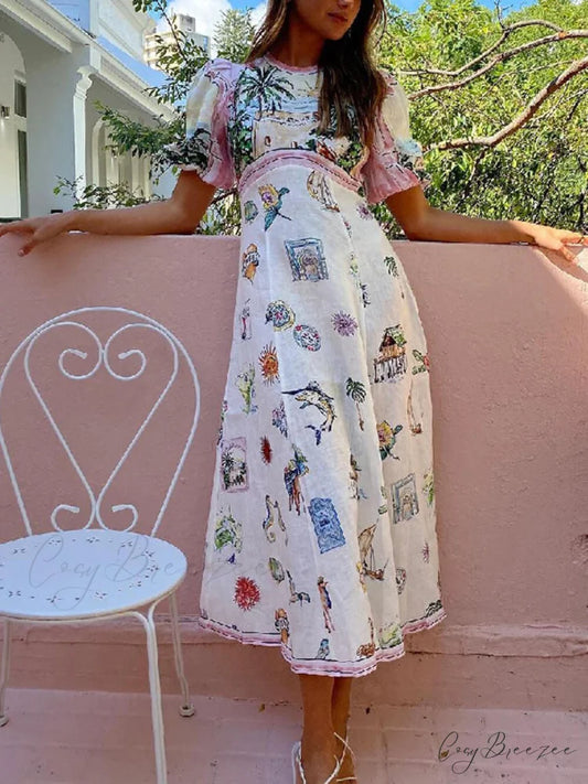Feature Printed Ethnic Style Graceful Round Neck Midi Dress White / S