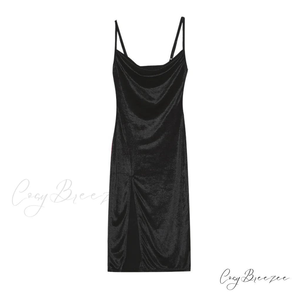 Festive Cheer Velvet Charming Slit Midi Dress BLACK / S