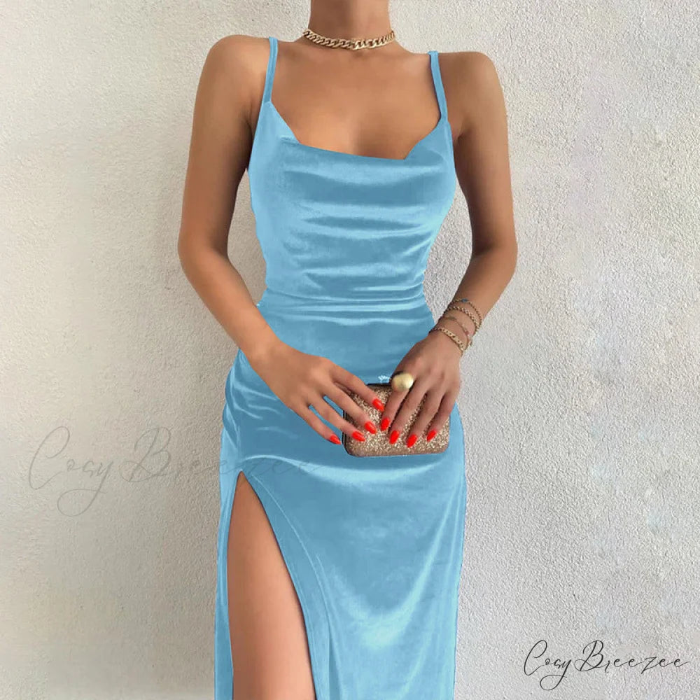 Festive Cheer Velvet Charming Slit Midi Dress BLUE / S
