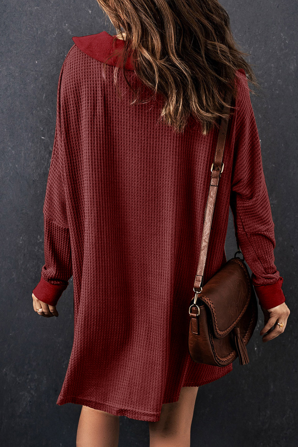 Red Knit Buttoned Waffle Top