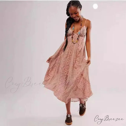 Fine Chiffon Floral Boho Dress Brown / S bohodress-250126