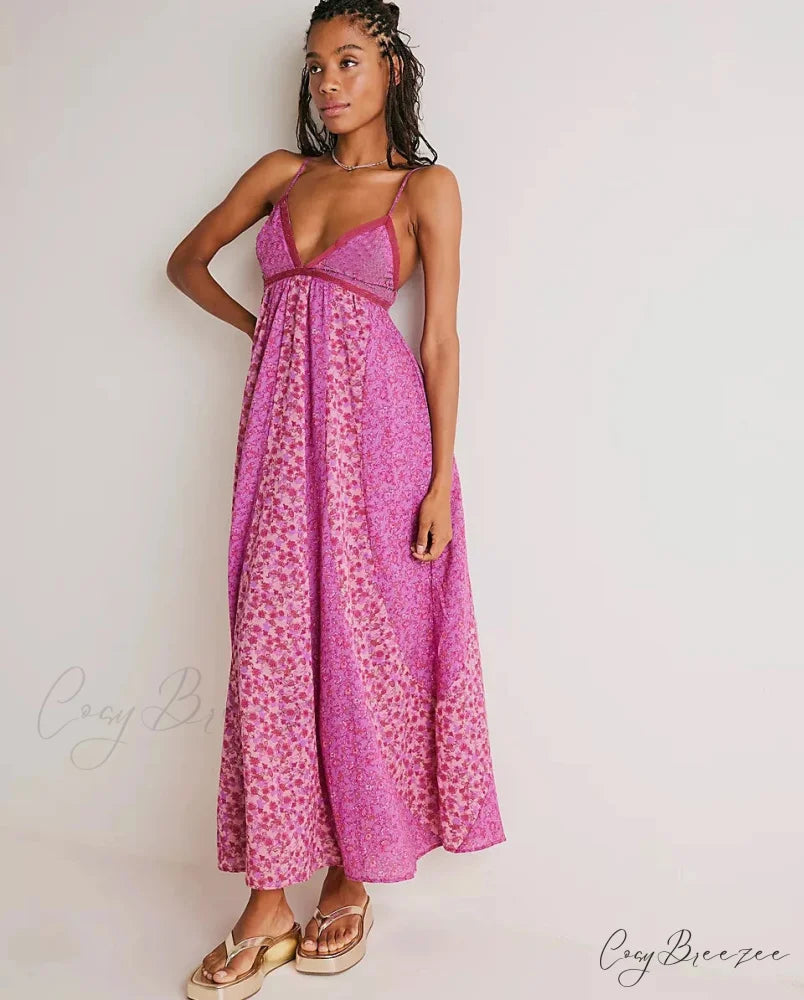 Fine Chiffon Floral Boho Dress Rose Red / S bohodress-250126